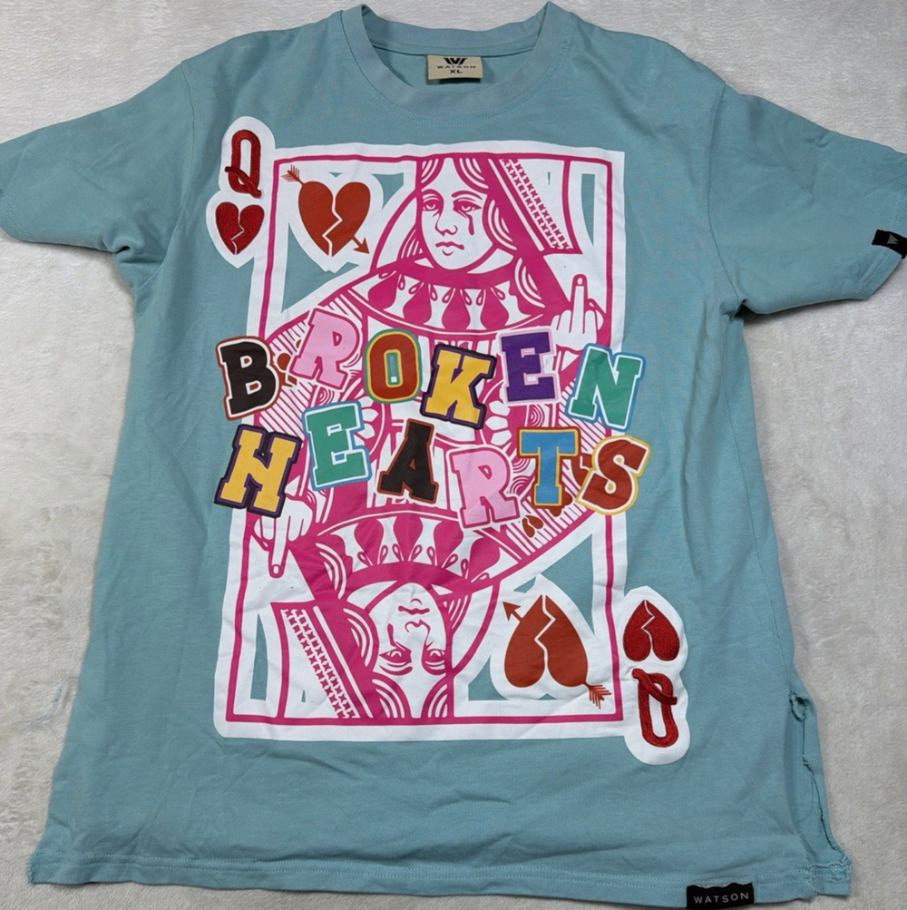 Watson Brand Broken Hearts Queen Playing Card Graphic Tee Shirt Cyan Blue XL